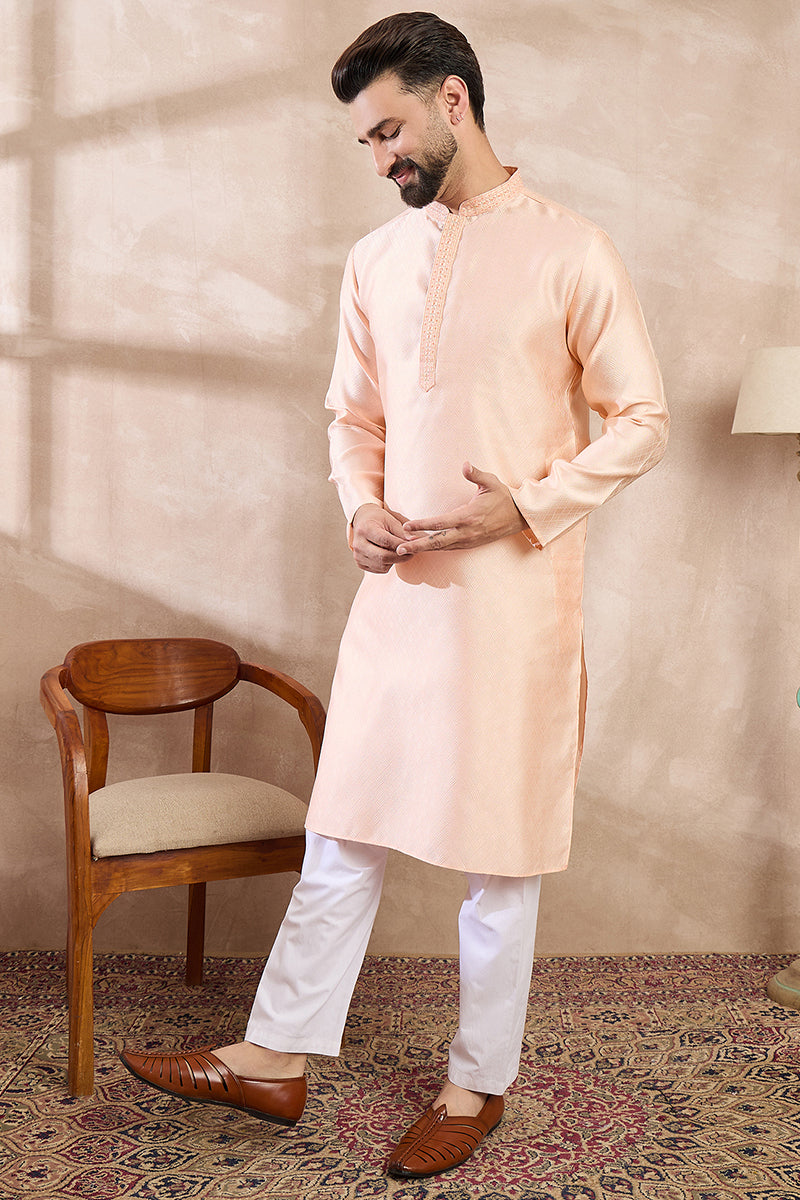 Peach Silk Blend Solid Embroidered Straight Kurta For Men | SHOBITAM