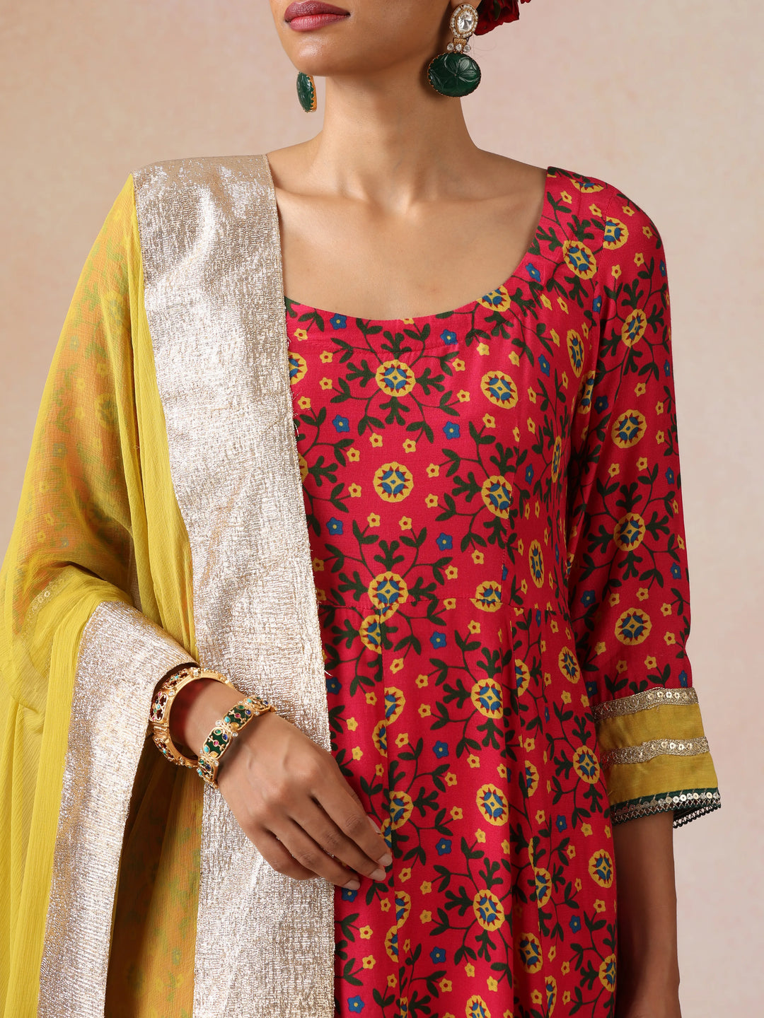 Pink Green Floral Print Viscose Anarkali Kurta Pants Dupatta Set | SHOBITAM