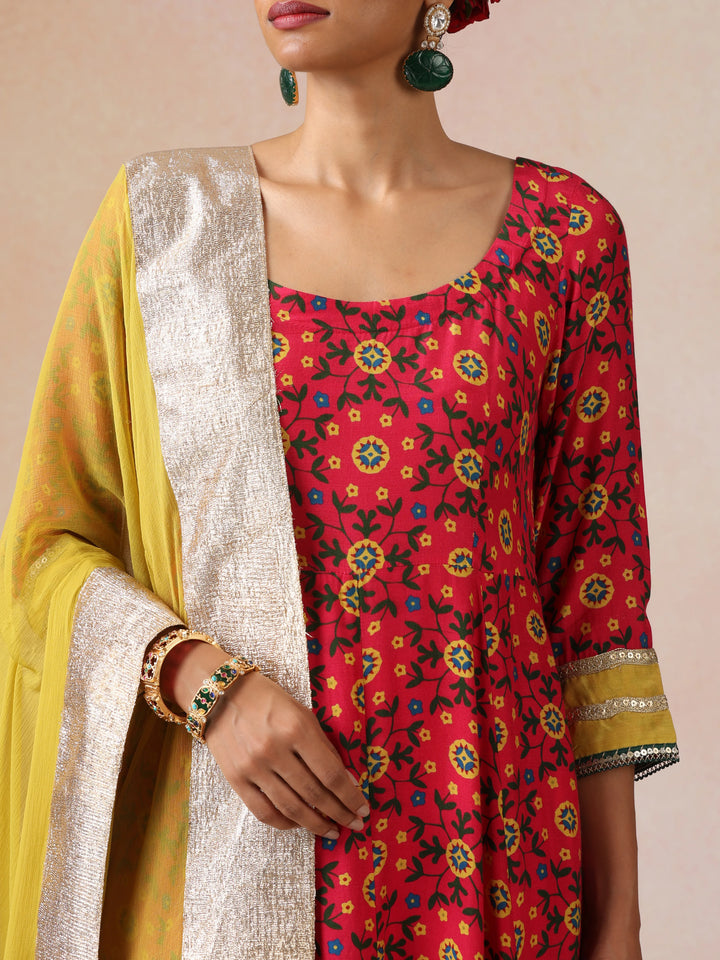 Pink Green Floral Print Viscose Anarkali Kurta Pants Dupatta Set | SHOBITAM