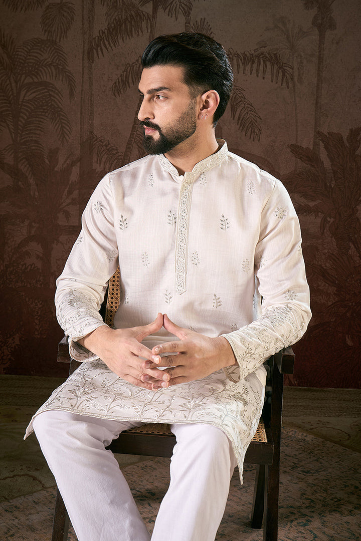 White Silk Blend Floral Embroidered Straight Kurta | SHOBITAM