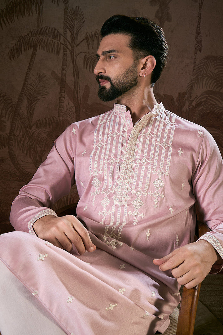 Pink Silk Blend Solid Embroidered Straight Kurta | SHOBITAM