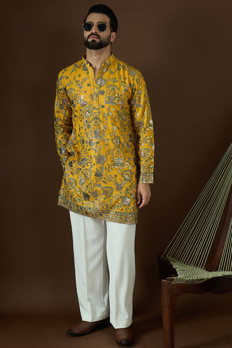 Yellow Georgette Solid Embroidered Straight Kurta | SHOBITAM