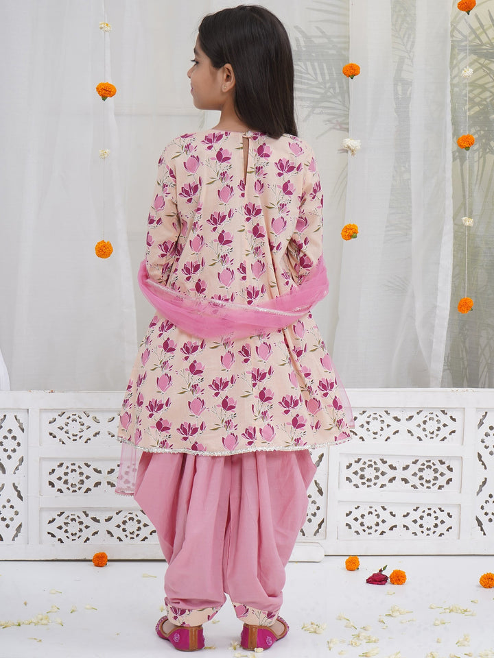 Peach Lotus Print Cotton Kurta Salwar Set with Butterfly handwork and Dupatta | SHOBITAM