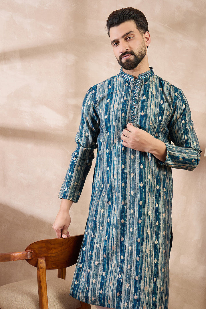 Turquoise Blue Silk Blend Abstract Printed Straight Kurta For Men | SHOBITAM