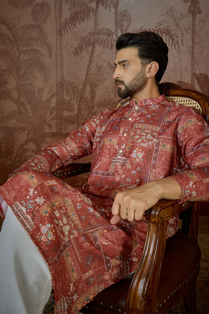 Mens Silk Blend Pink Abstract Printed Kurta | SHOBITAM