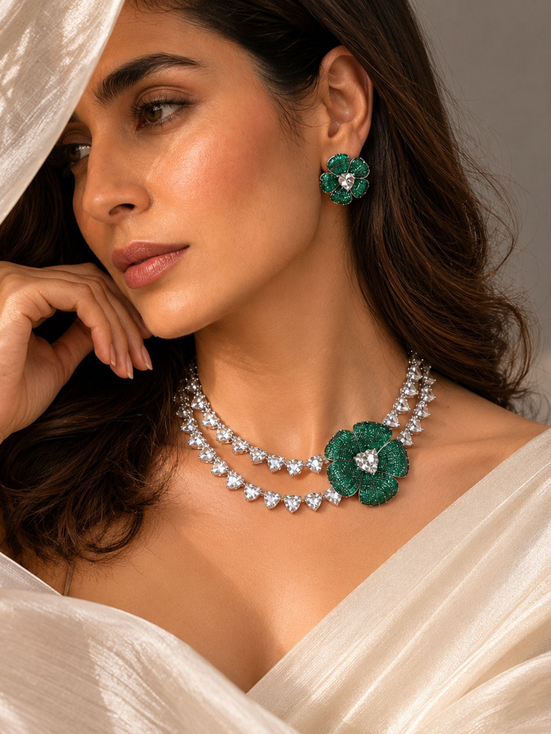 Emerald Bloom Floral Necklace Set with Crystal Petal Drops | SHOBITAM