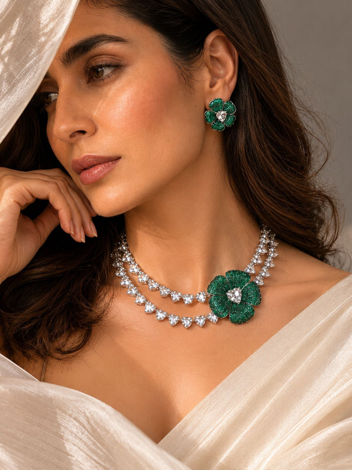 Emerald Bloom Floral Necklace Set with Crystal Petal Drops | SHOBITAM