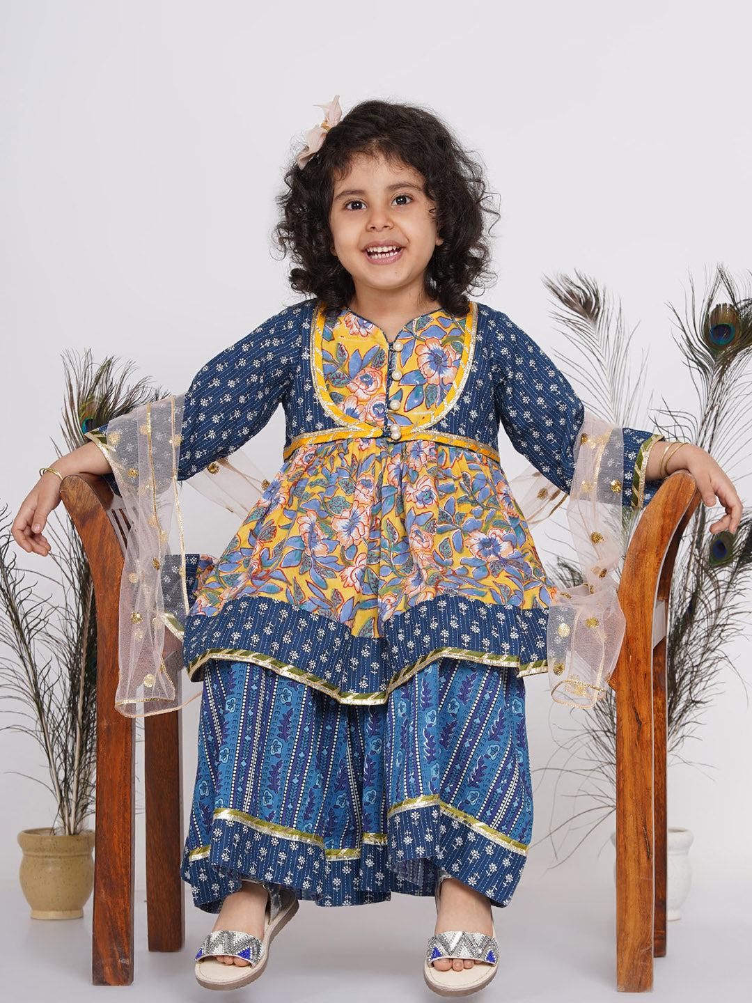Girls Floral Kurta with Indigo Floral Jacket with Sharara and Dupatta in Blue & Yellow | SHOBITAM