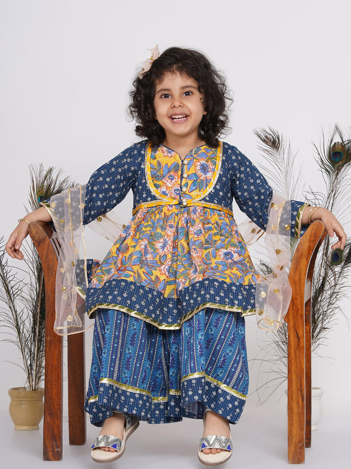 Girls Floral Kurta with Indigo Floral Jacket with Sharara and Dupatta in Blue & Yellow | SHOBITAM
