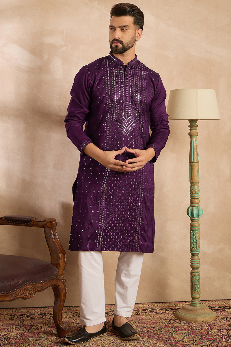 Purple Silk Blend Geometric Embroidered Straight Kurta  | SHOBITAM