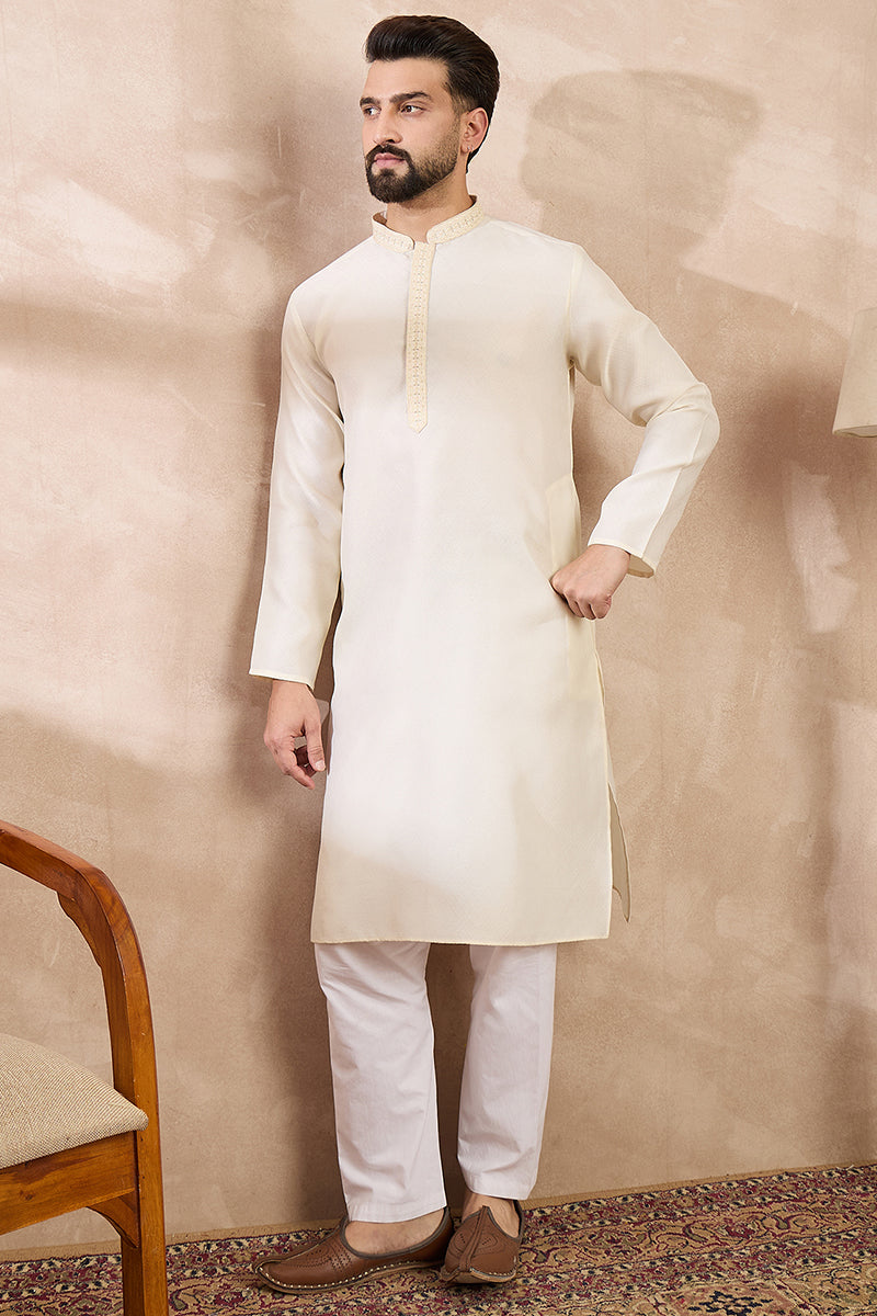 Off White Silk Blend Solid Embroidered Straight Kurta With Trouser For Men | SHOBITAM