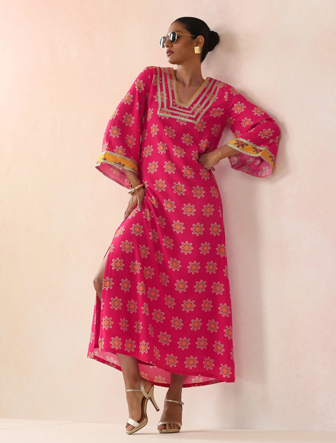 Pink Boota Print Viscose Straight Maxi Dress | SHOBITAM