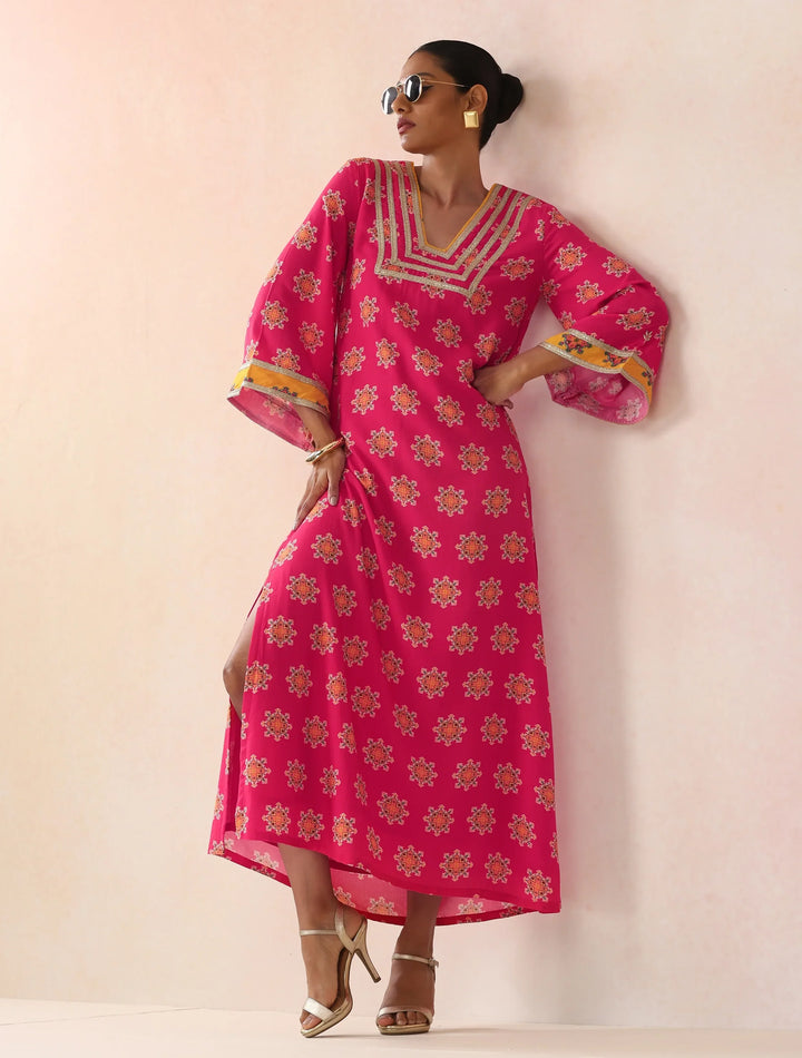 Pink Boota Print Viscose Straight Maxi Dress | SHOBITAM