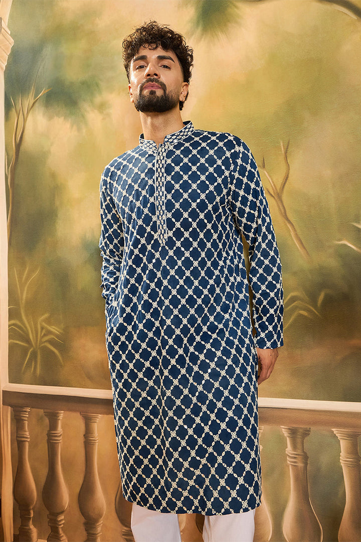 Blue Viscose Rayon Shibori Embroidered Straight Kurta With Pant Set | SHOBITAM