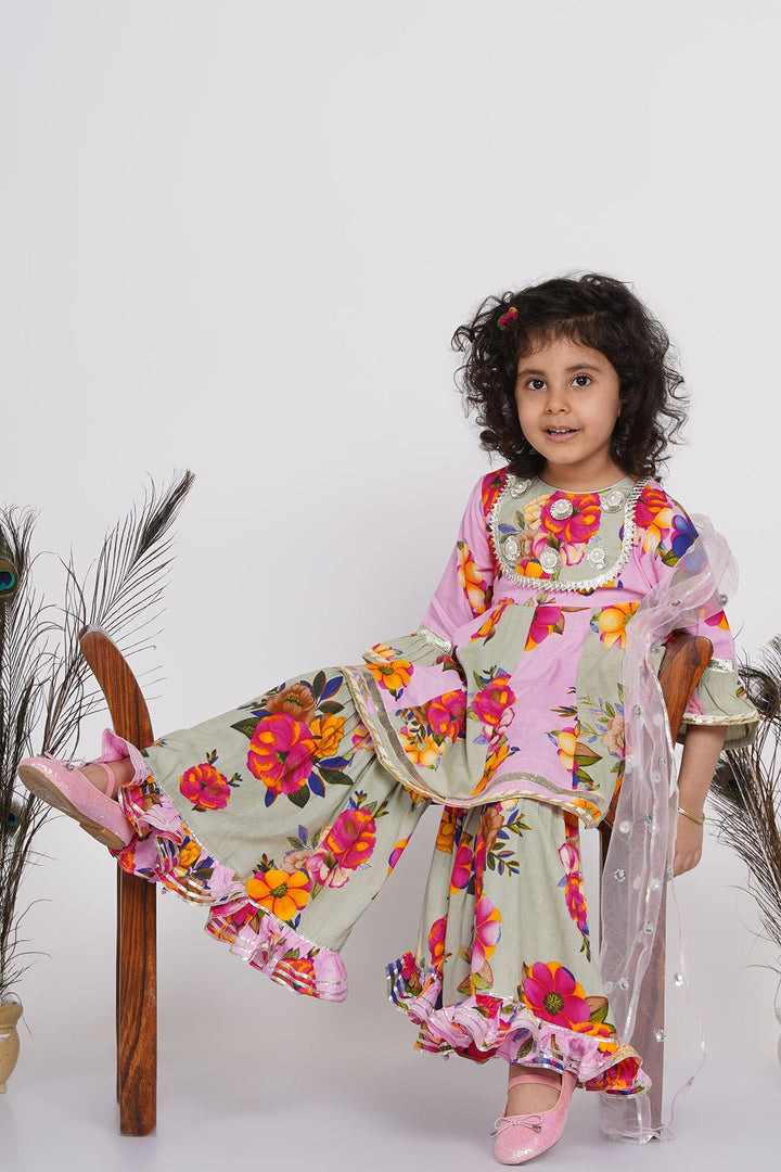 Girls Pearl Detailing Kali Frock Kurta with Sharara and Dupatta in Green & Pink | SHOBITAM