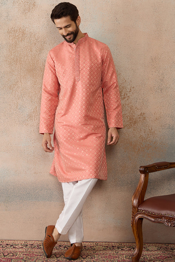 Mens Coral Jacquard Ethnic Motifs Embroidered Kurta | SHOBITAM