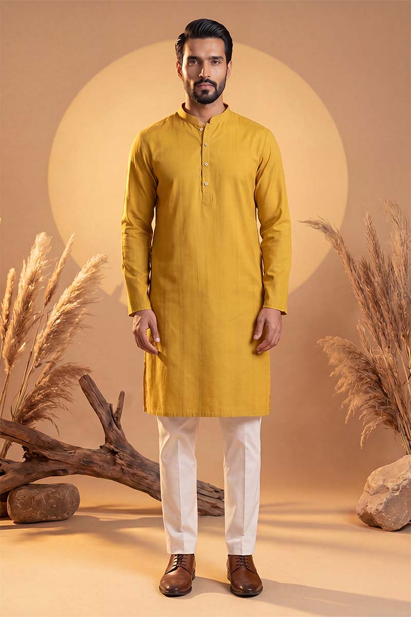 Mens Yellow Silk Blend Solid Solid Kurta With Trousers | SHOBITAM