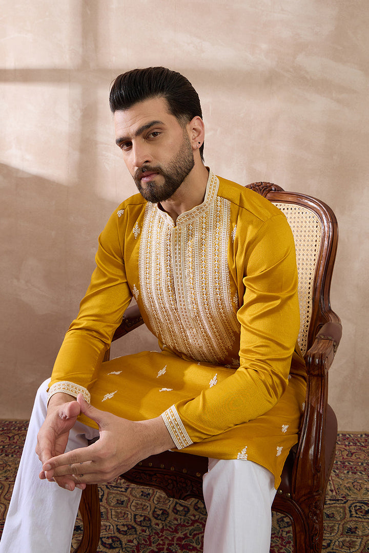 Yellow Silk Blend Embroidered Mandarin Collar Straight Kurta | SHOBITAM