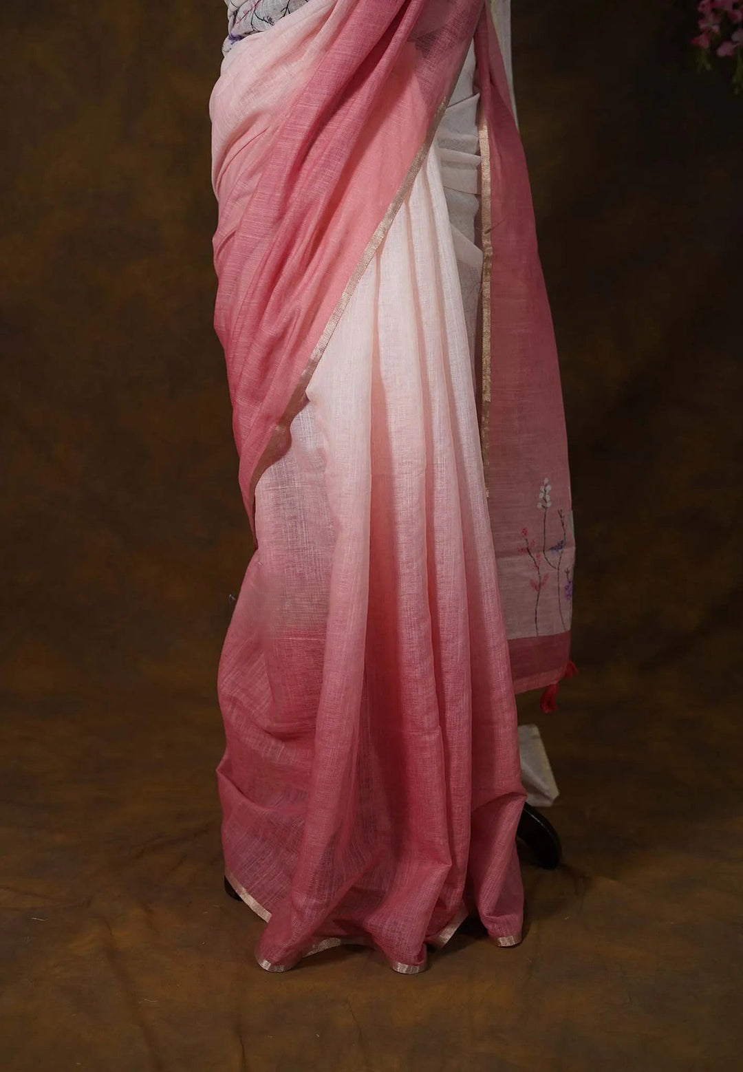 Preorder : Linen Cotton Saree with Gradient Ombre tone and Floral Digital Prints | SHOBITAM