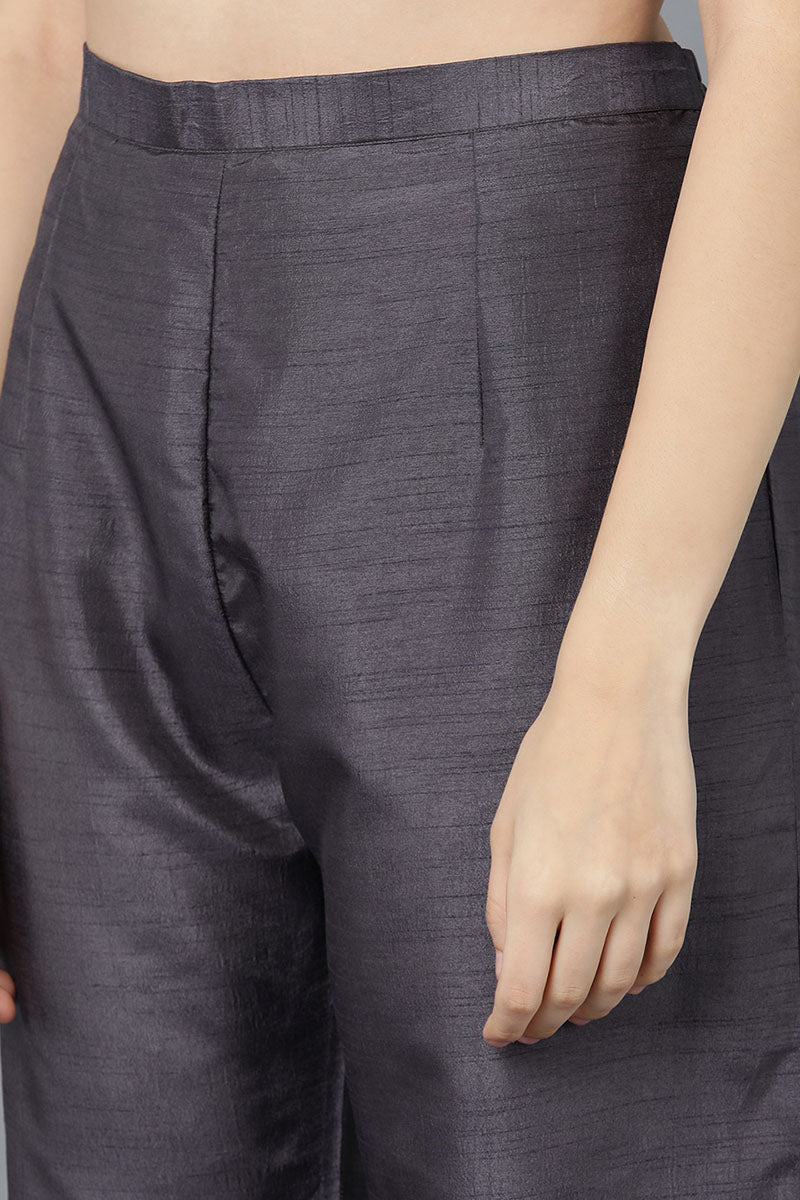 Women Charcoal Poly Silk Embroidered Kurta Trousers With Dupatta  | SHOBITAM