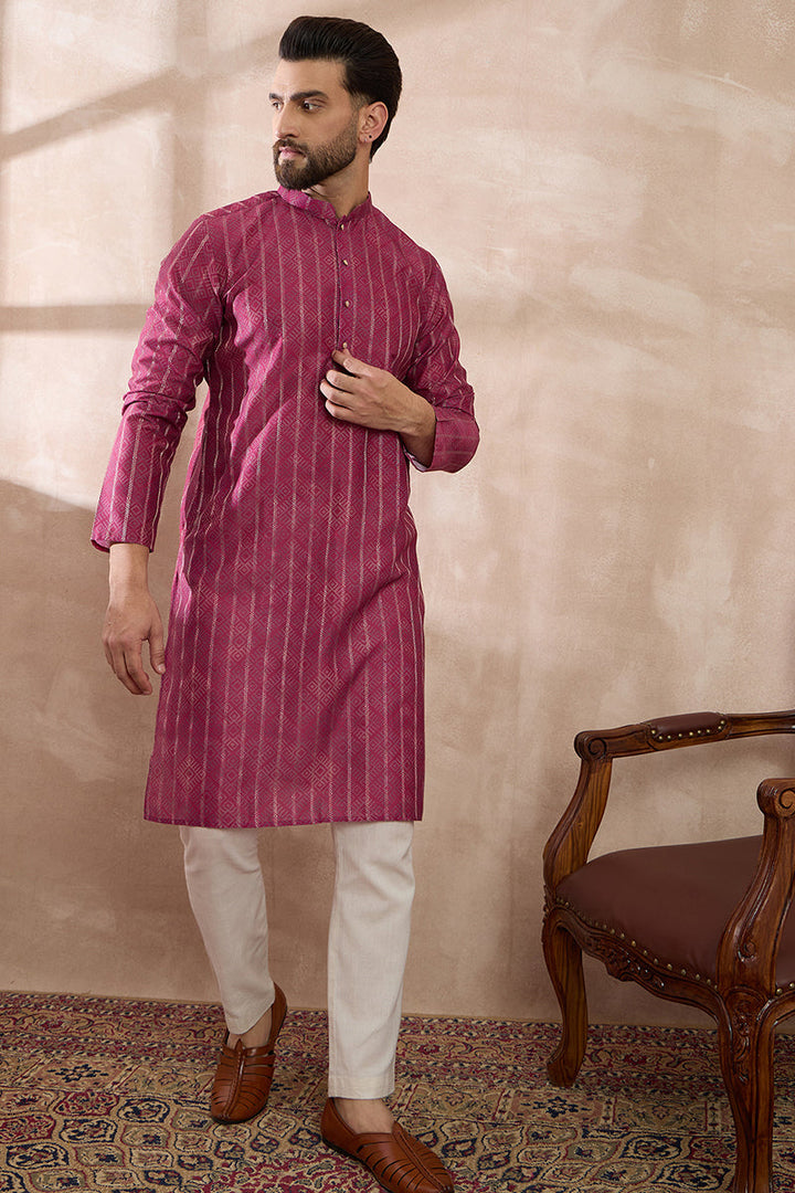Pink Silk Blend Printed Mandarin Collar Straight Kurta | SHOBITAM