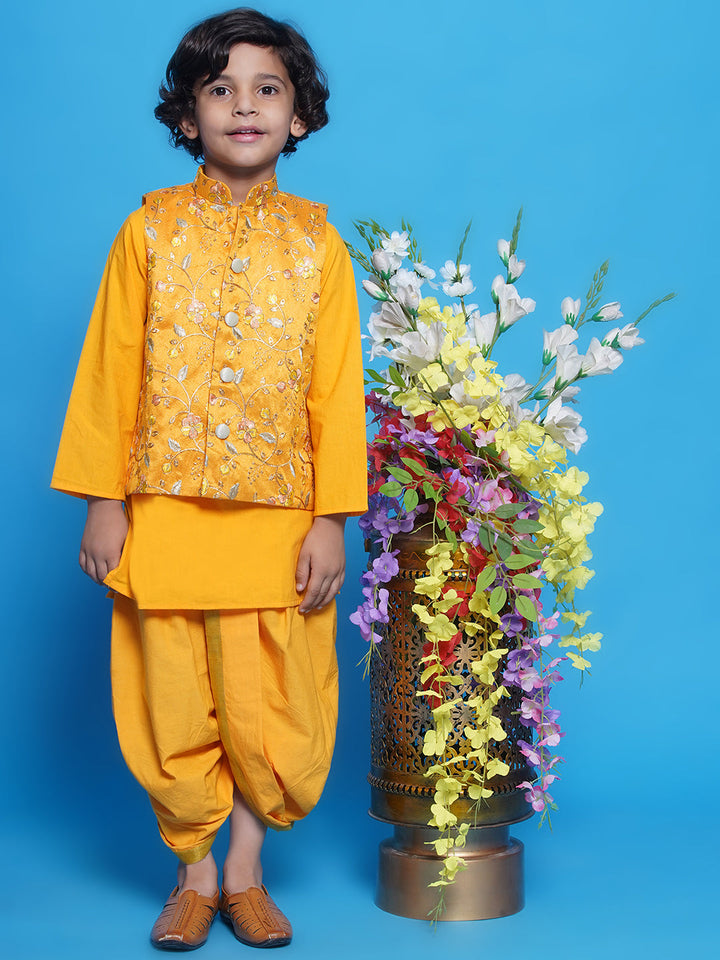 Boys Cotton Full Sleeves Kurta with Nehru Jacket and Dhoti with Floral Embrodiery -Haldi Yellow | SHOBITAM