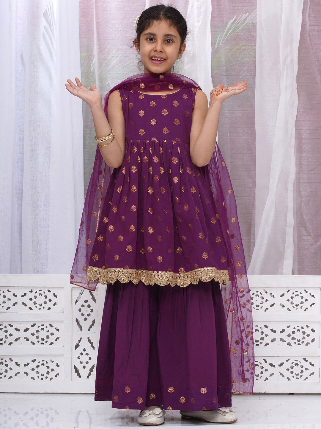 Girls Cotton Sleeveless Frock Style Kurta with Sharara and Dupatta with Golden Floral Zari Work - Purple| SHOBITAM