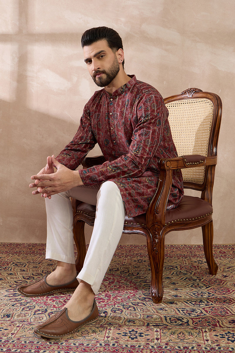 Maroon Silk Blend Printed Mandarin Collar Straight Kurta With Trouser | SHOBITAM
