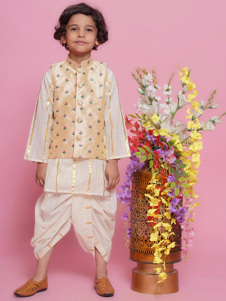 Cotton Full Sleeves Kurta with Floral Embroidery Nehru Jacket and Dhoti -Cream | SHOBITAM