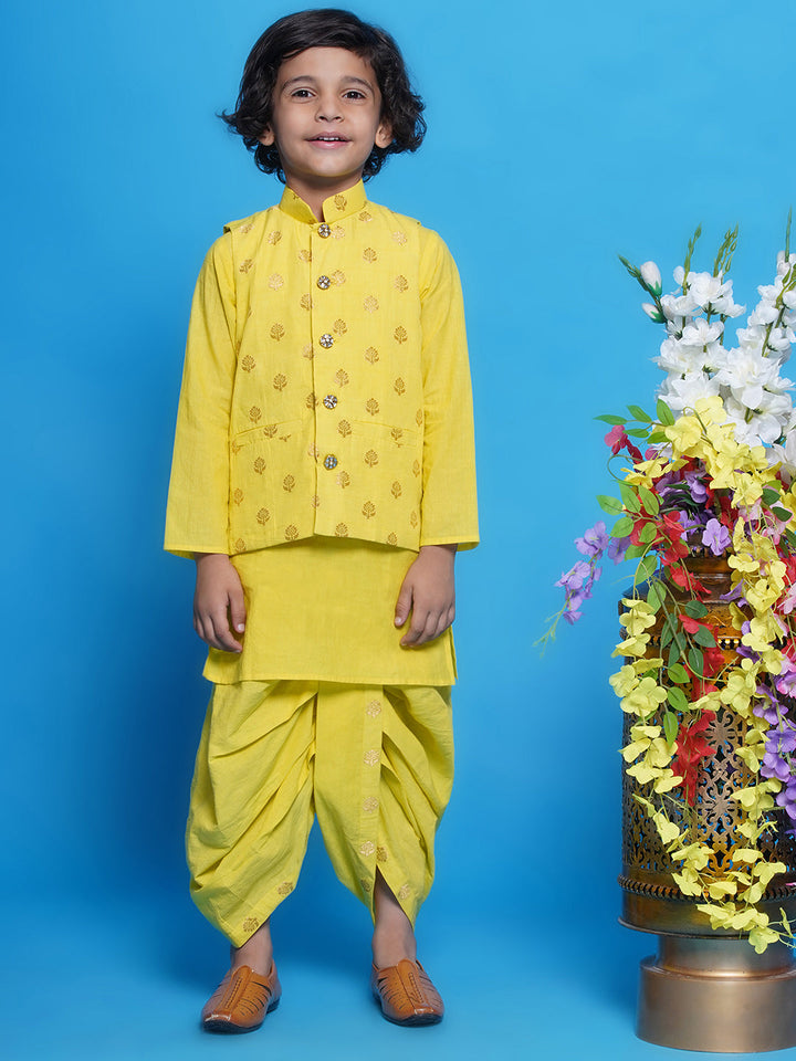 Cotton Sleevelees Golden Floral Embrodiery Nehru Jacket with Kurta and Dhoti - Kaccha Yellow | SHOBITAM