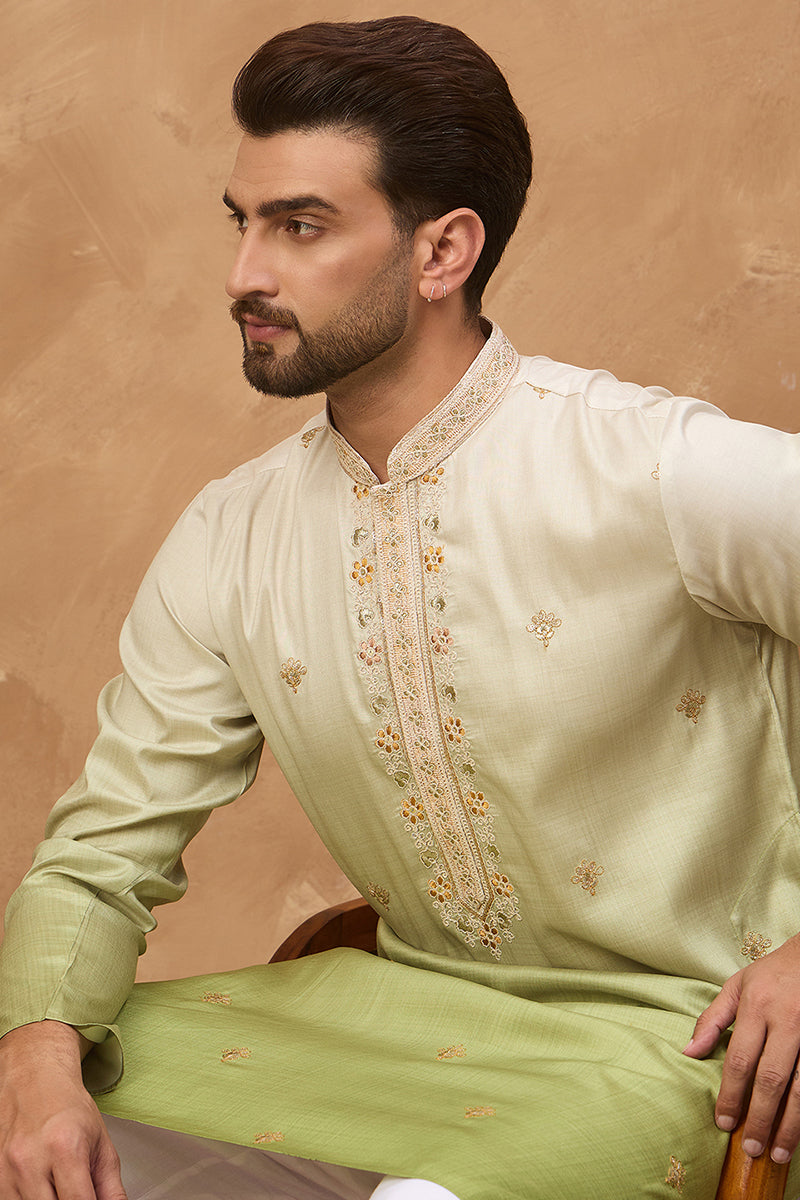 Green Silk Blend Solid Embroidered Straight Kurta | SHOBITAM