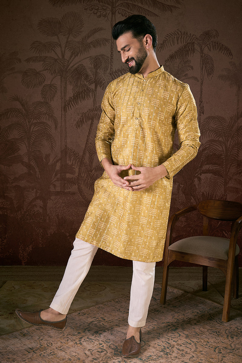 Mustard Silk Blend Ethnic Motifs Printed Straight Kurta With Trouser | SHOBITAM