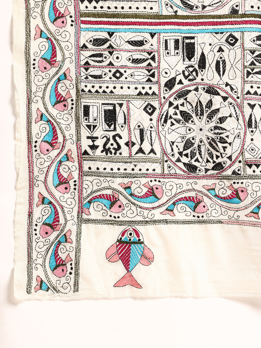 Handloom White Silk Kantha Saree with Blouse piece