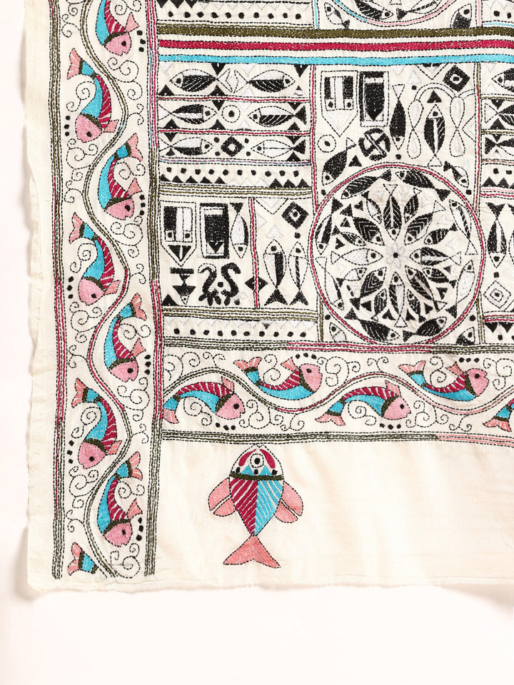 Handloom White Silk Kantha Saree with Blouse piece