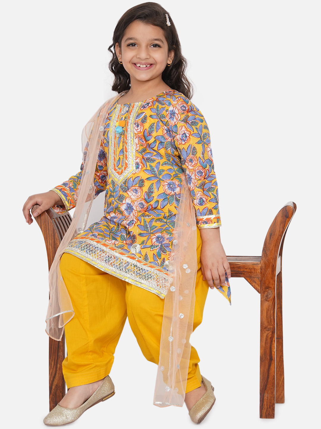 Girls Punjabi Floral work Kurta with Salwar & Dupatta in yellow | SHOBITAM