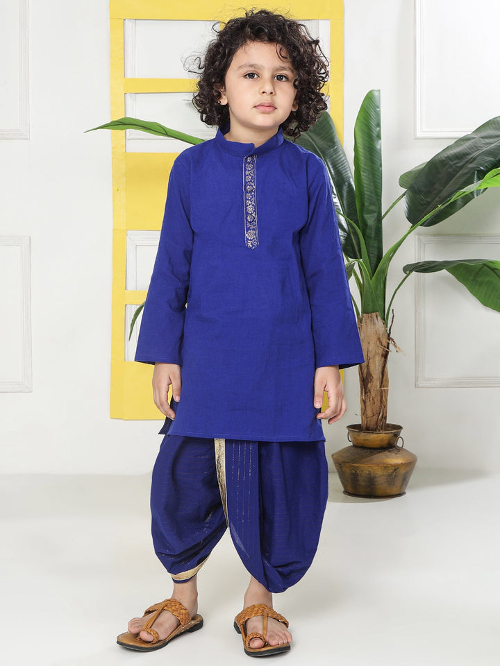 Blue Minimal Zari Embroidery Cotton Kurta Dhoti set | SHOBITAM