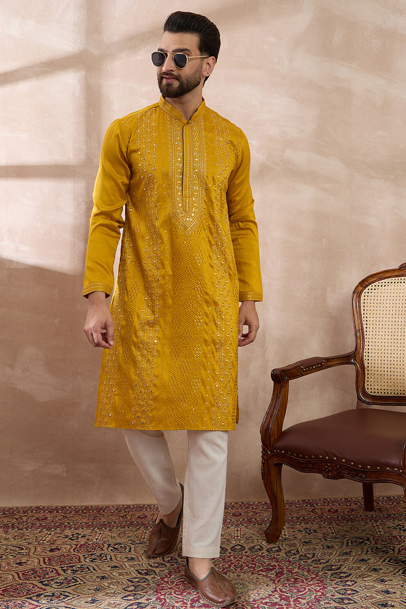 Mustard Silk Blend Embroidered Mandarin Collar Straight Kurta With Trouser| SHOBITAM