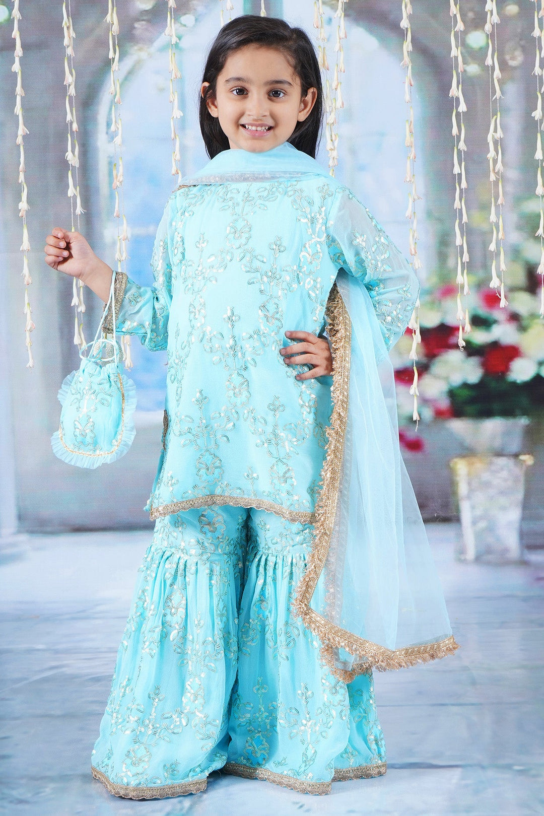Girls Cotton Candy Blue Kurta with Irish Thread and Sequin work Embroidery with Sharara, Dupatta and Potli | SHOBITAM