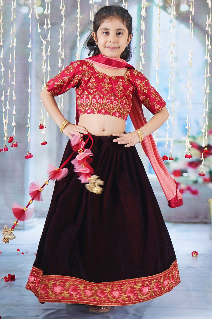 Girl Bageecha Floral Thread work Blouse with Velvet Lehenga and Sequin moti work Dupatta, accompanied with Hand made tassel and Ghungroo work in Cherry Red | SHOBITAM
