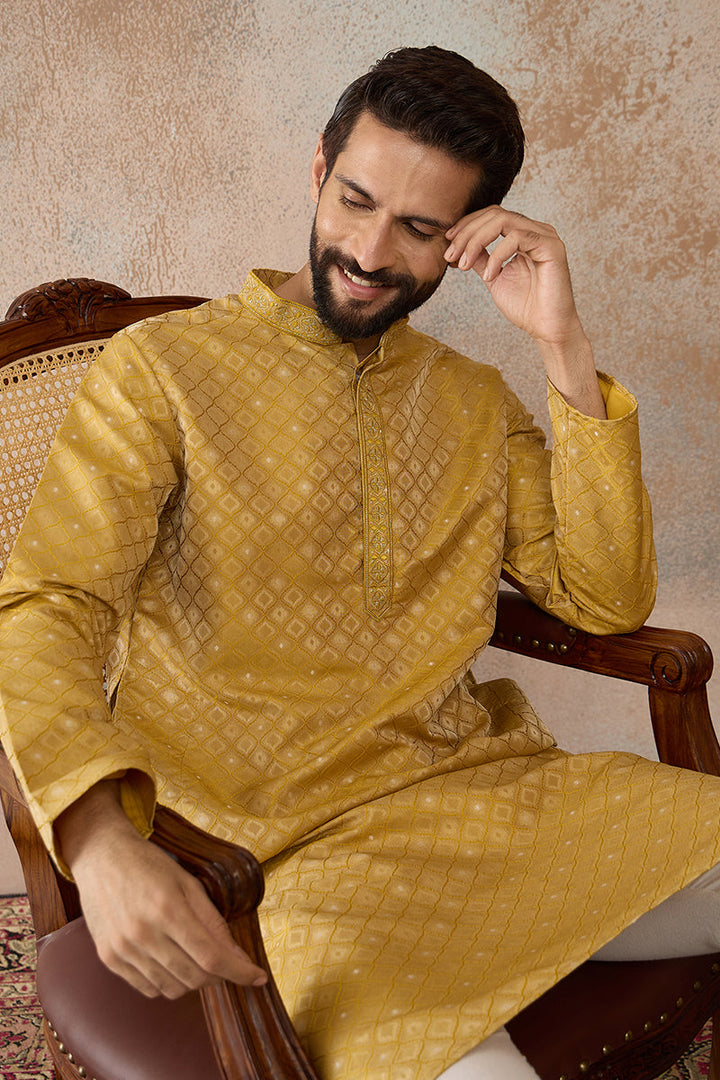 Mens Yellow Jacquard Ethnic Motifs Embroidered Kurta  | SHOBITAM