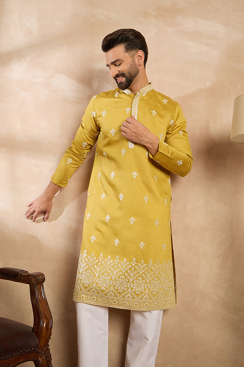 Yellow Polyester Solid Embroidered Straight Kurta With Trouser | SHOBITAM