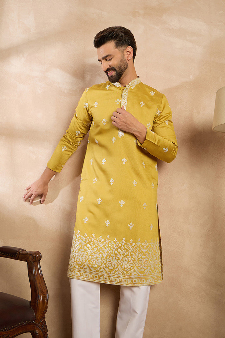 Yellow Polyester Solid Embroidered Straight Kurta With Trouser | SHOBITAM