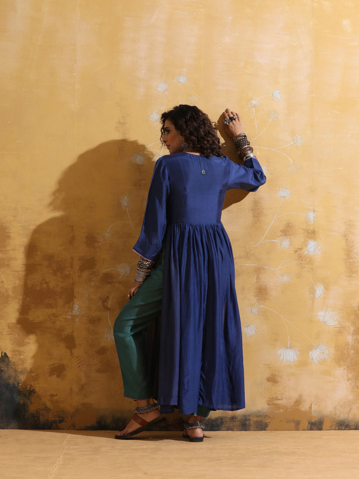 Blue Muslin Silk Anarkali Kurta Pant Set  | SHOBITAM