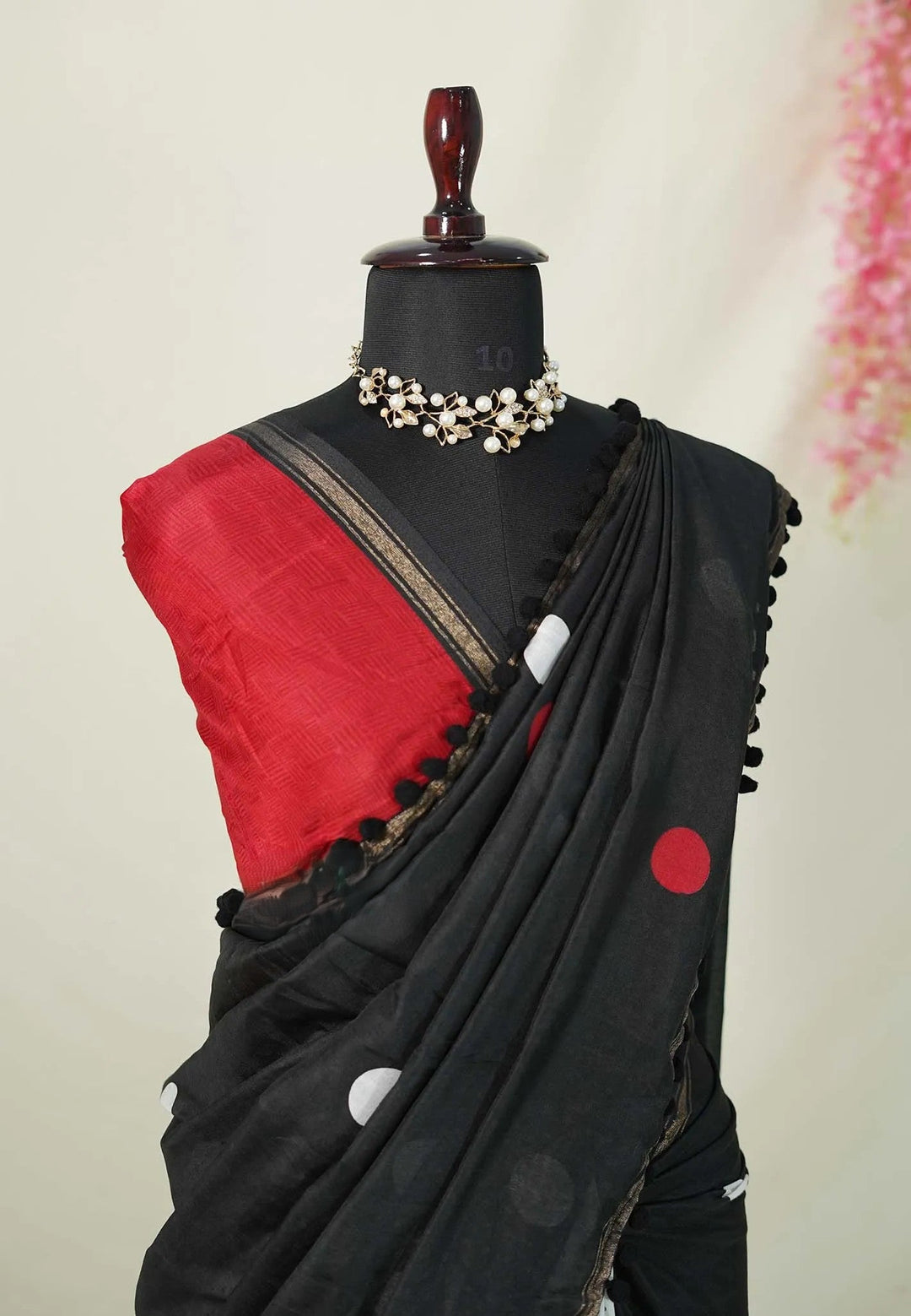 Chanderi Cotton Saree Half and Half Design with Pompoms | SHOBITAM