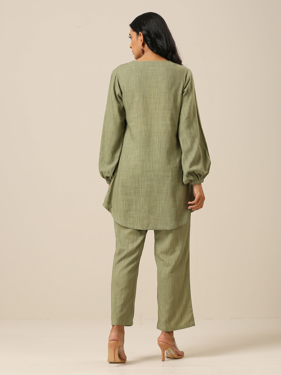 Sage Slub Textured Short Co-Ord Set | SHOBITAM