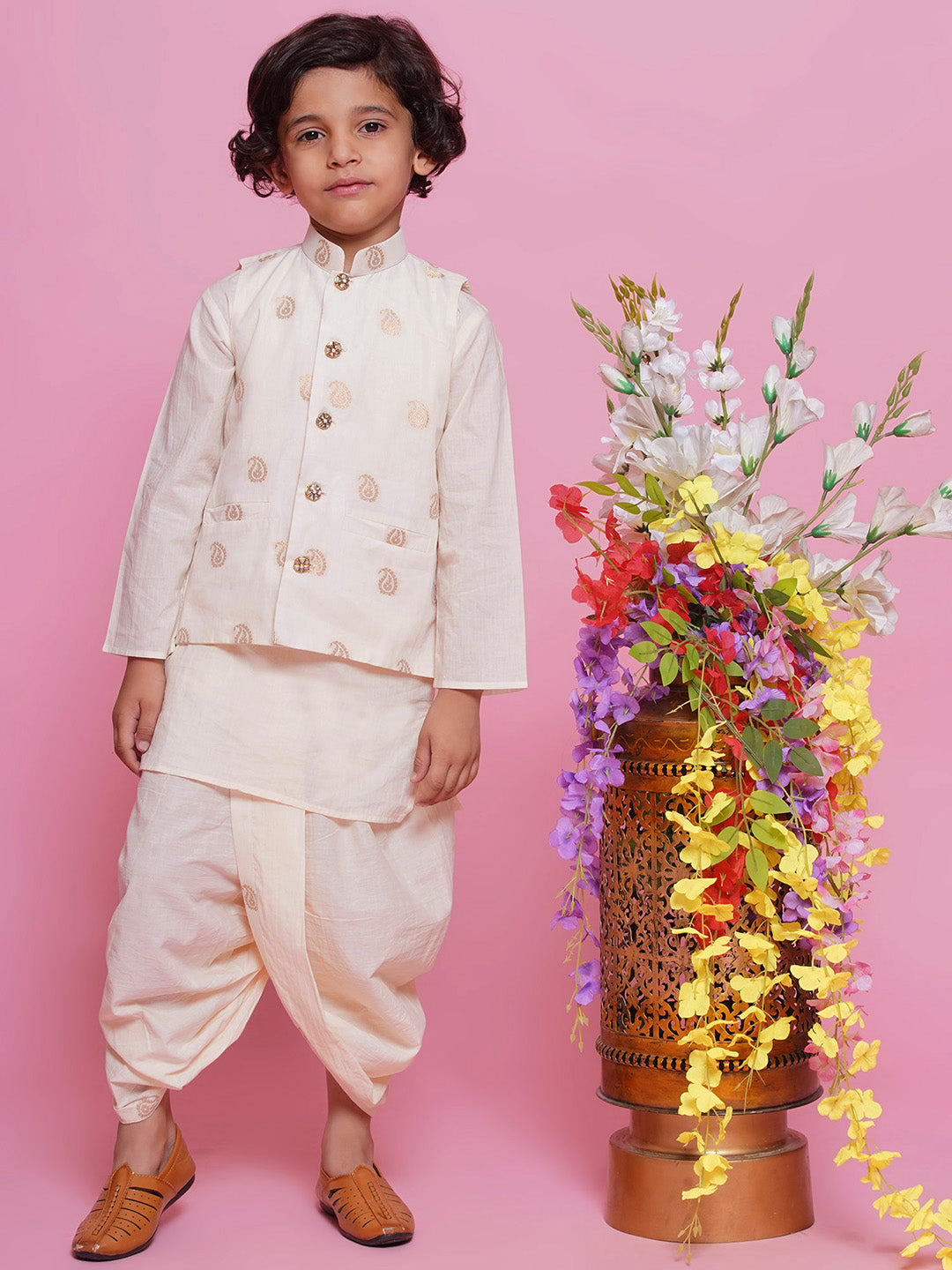 Boys Cotton Full Sleeves Ambi Embrodiery Nehru Jacket with Kurta and Dhoti - Cream | SHOBITAM