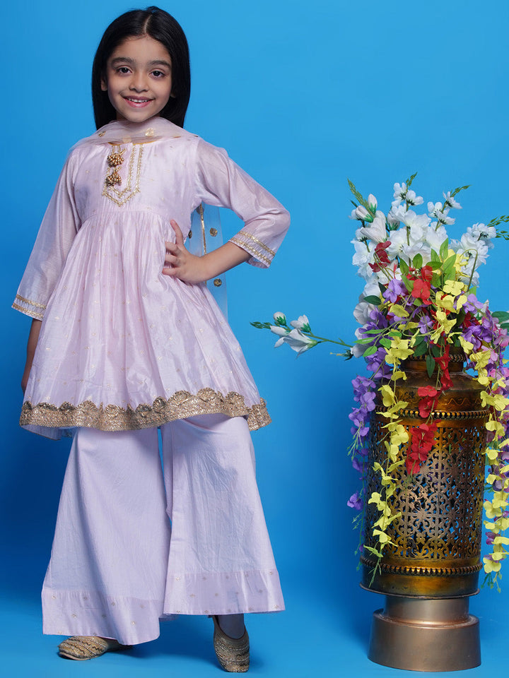 Girls Chanderi Cotton Three Fourth Sleeves Kurta Frock with Plazzo and Dupatta with Boota, Lace & Tussel work - Baby Pink | SHOBITAM