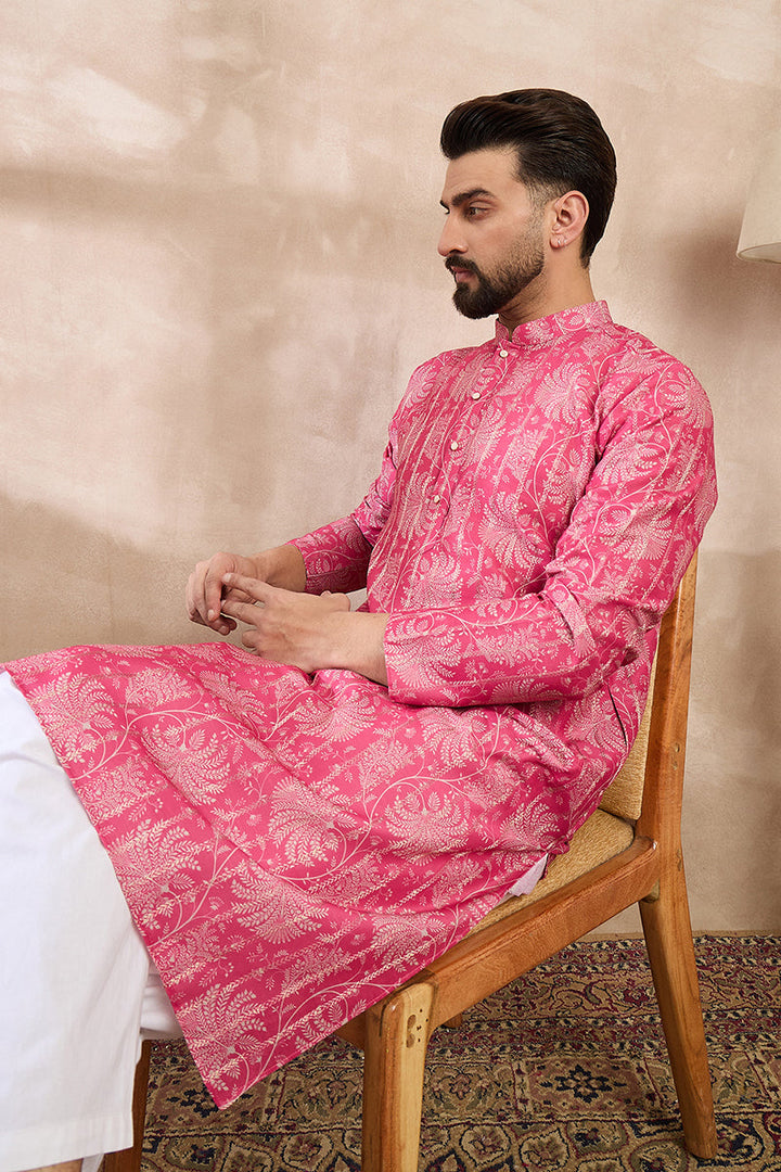 Pink Silk Blend Floral Printed Straight Kurta For Men | SHOBITAM