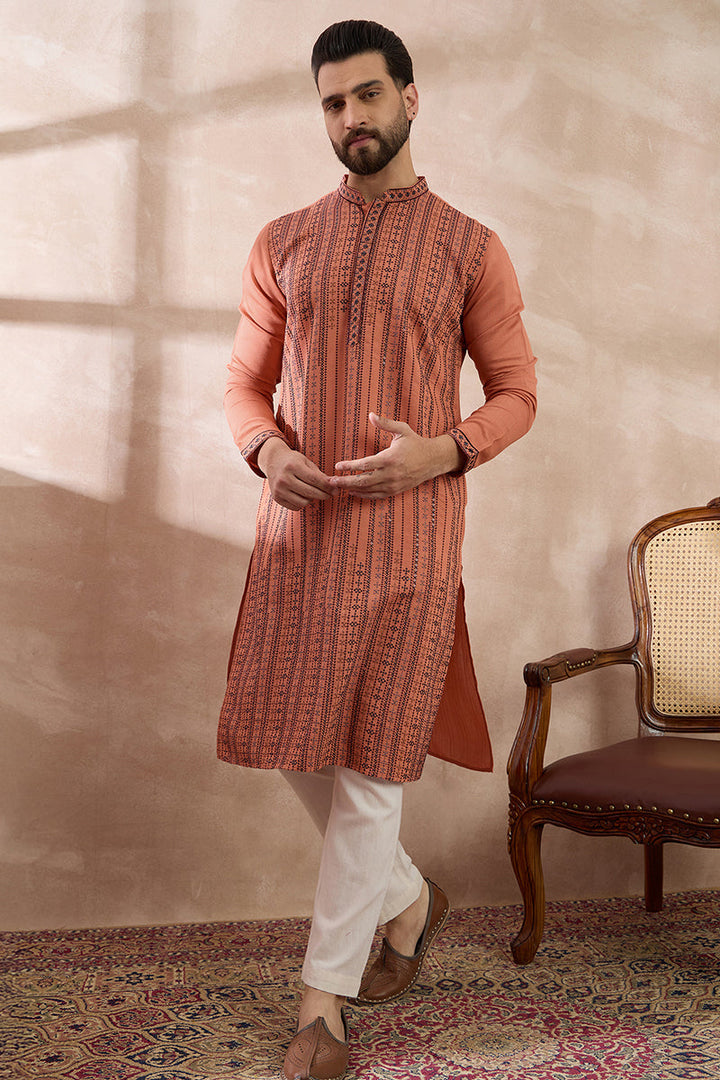 Orange Silk Blend Embroidered Mandarin Collar Straight Kurta With Trouser | SHOBITAM