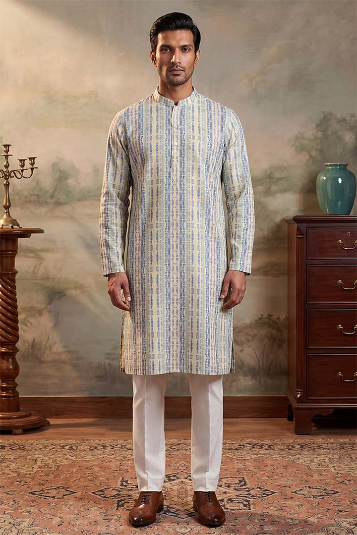 Mens Multi Silk Blend Abstract Printed Kurta With Trousers